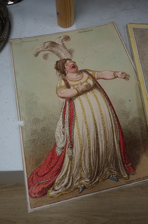 James Gilray (English, 1756-1815) Mother-Goofe, of Oxford & A Bravura Air hand coloured engravings 1807 & 1801, 28 x 21cm & 35 x 24cm. both unframed. Condition - cropped to the margins, small loss at the side of Bravura